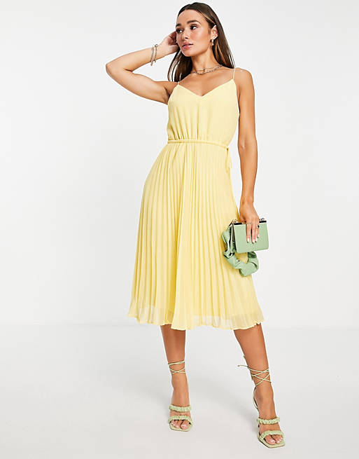  pleated cami midi dress with drawstring waist in buttermilk yellow 