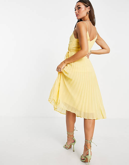  pleated cami midi dress with drawstring waist in buttermilk yellow 