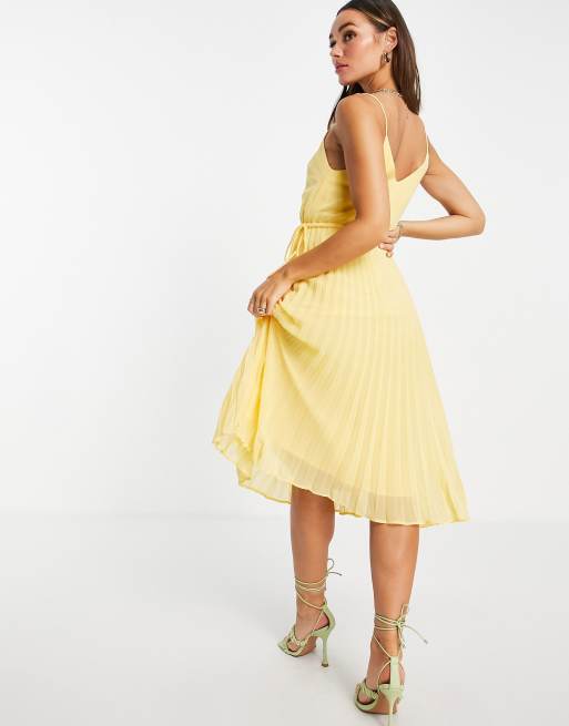 ASOS DESIGN pleated cami midi dress with drawstring waist in buttermilk yellow