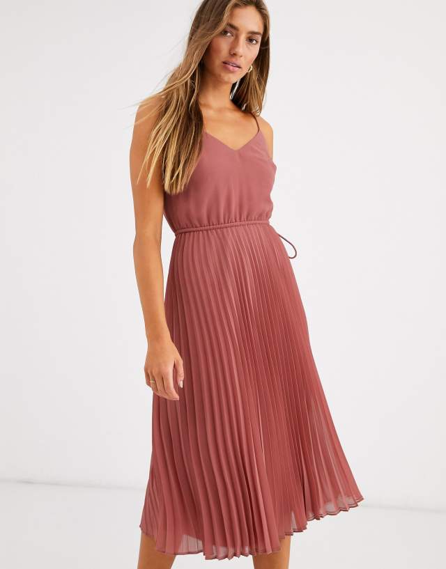 ASOS DESIGN pleated cami midi dress with drawstring waist in dark pink