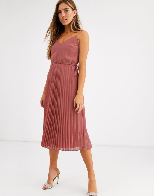 Express, Pleated V-Neck Midi Dress in Energy Pink