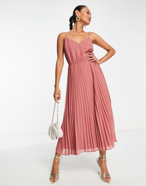 ASOS DESIGN pleated cami midi dress with drawstring waist in dark pink