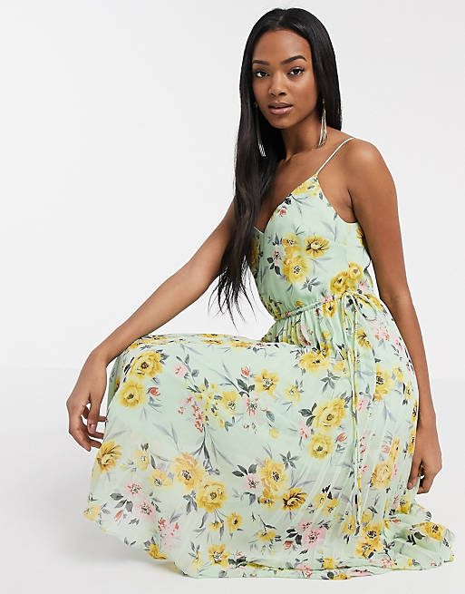 ASOS DESIGN pleated cami midi dress with drawstring waist in floral print