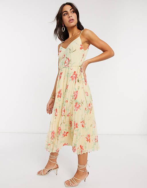 ASOS DESIGN pleated cami midi dress with drawstring waist in floral ...