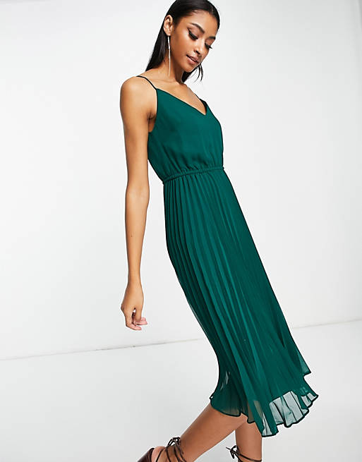 ASOS DESIGN pleated cami midi dress with drawstring waist in forest green