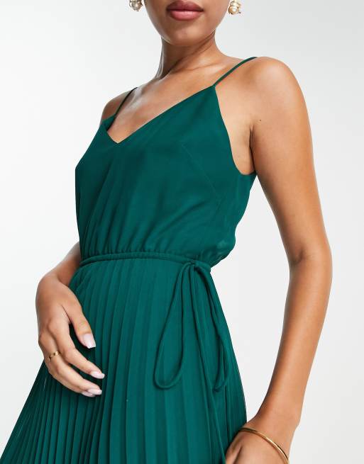 ASOS DESIGN pleated cami midi dress with drawstring waist in forest green