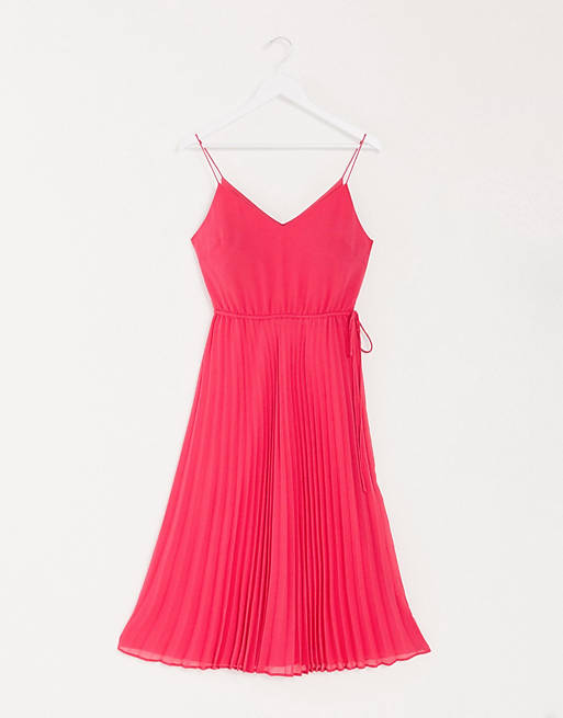 ASOS DESIGN pleated cami midi dress with drawstring waist in hot pink