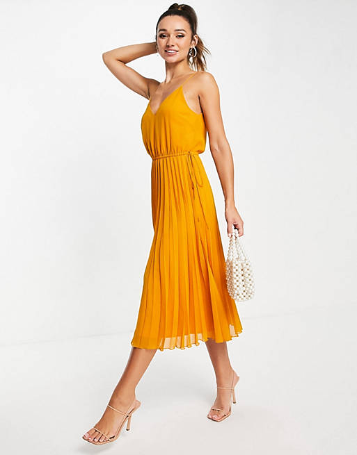 Dresses pleated cami midi dress with drawstring waist in mustard 