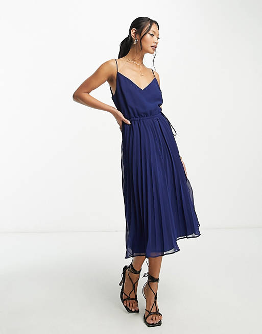 ASOS DESIGN pleated cami midi dress with drawstring waist in navy