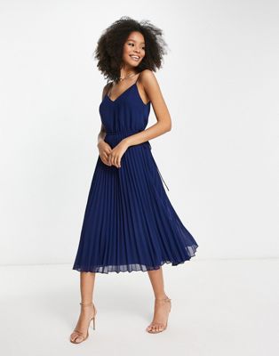 ASOS DESIGN pleated cami midi dress with drawstring waist in navy