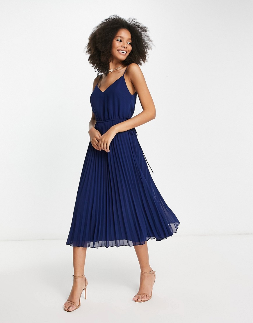 Asos Design Pleated Cami Midi Dress With Drawstring Waist In Navy In Blue
