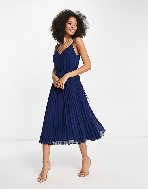 pleated cami dress ASOS Midi Drawstring Waist V-Neck Navy Blue 10 Dry clean only Ruched Bust Tie Front Pleated