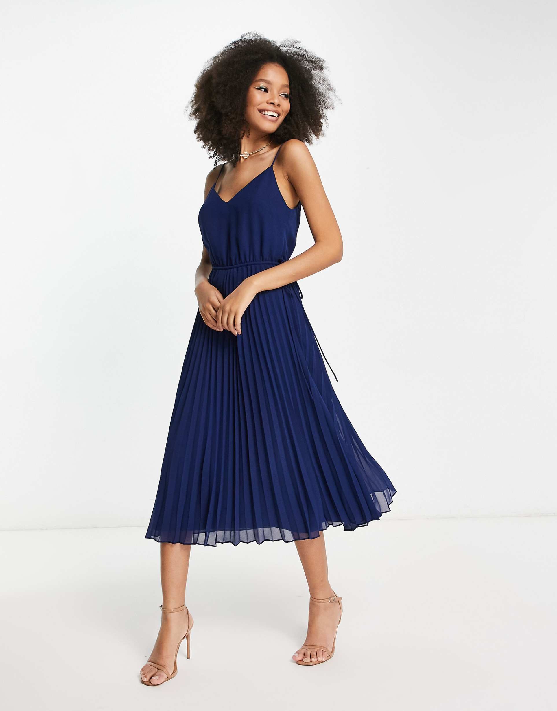 asos design pleated cami midi dress with drawstring waist in navy