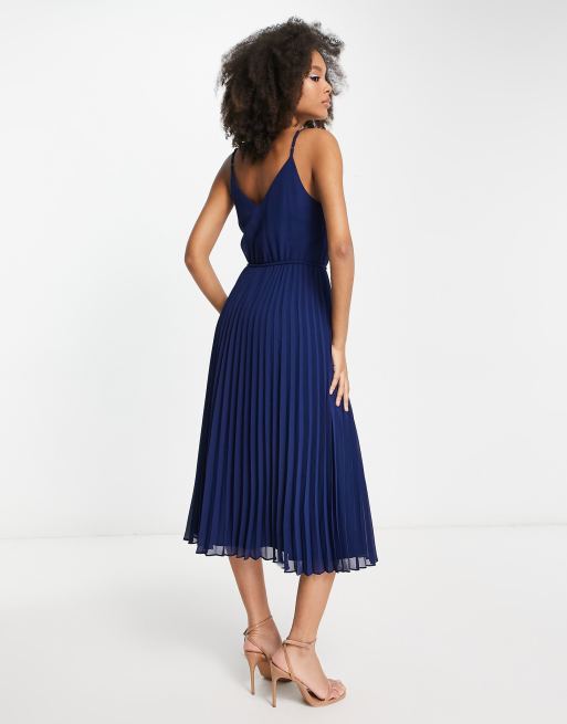 ASOS DESIGN pleated cami midi dress with drawstring waist in navy