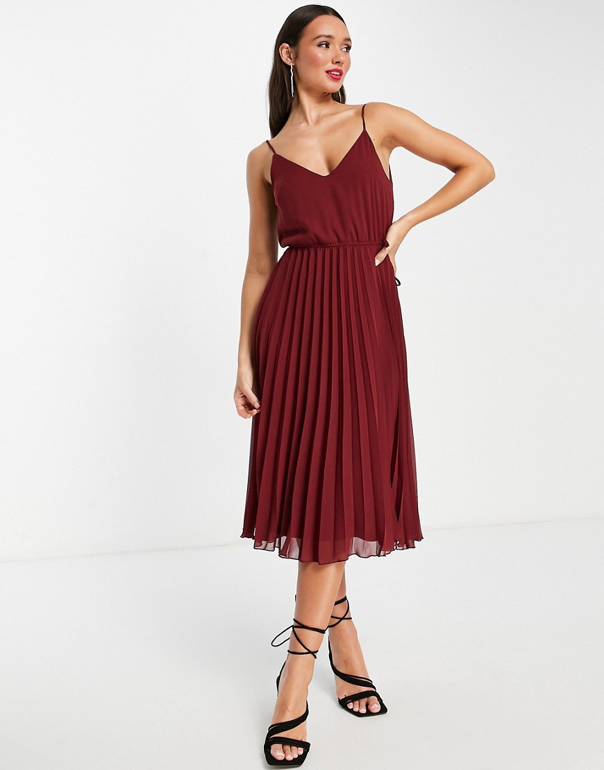 ASOS DESIGN pleated cami midi dress with drawstring waist in oxblood-Red