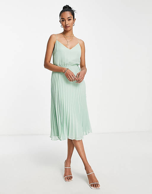 ASOS DESIGN pleated cami midi dress with drawstring waist in soft green