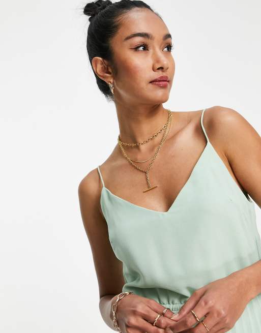 ASOS DESIGN pleated cami midi dress with drawstring waist in soft green |  ASOS