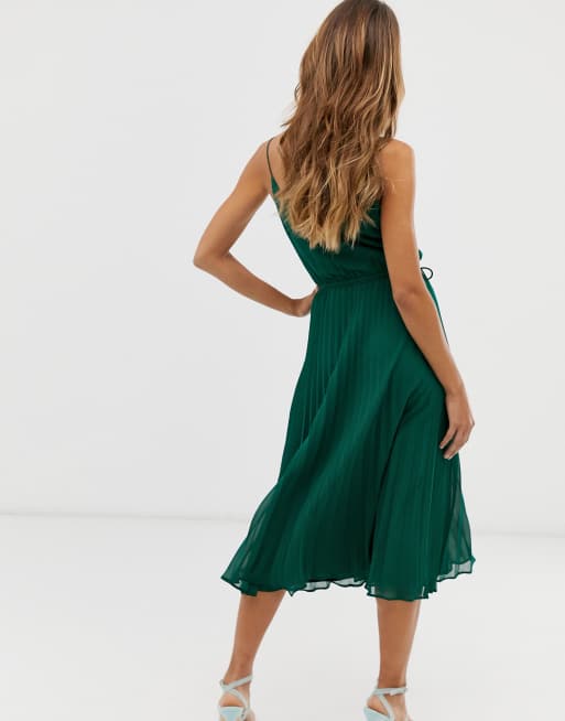 ASOS DESIGN pleated cami midi dress with drawstring waist in forest green