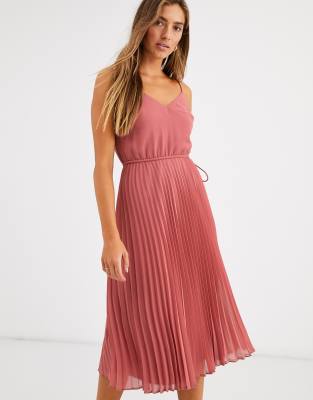 asos design pleated cami midi dress with drawstring waist