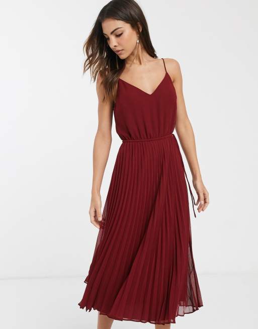 Pleated cami midi outlet dress with drawstring waist