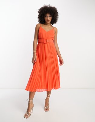 Asos Design Pleated Cami Midi Dress With Self-covered Belt In Hot Orange