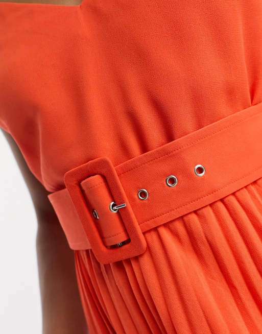 ASOS DESIGN pleated cami midi dress with self covered belt in hot orange