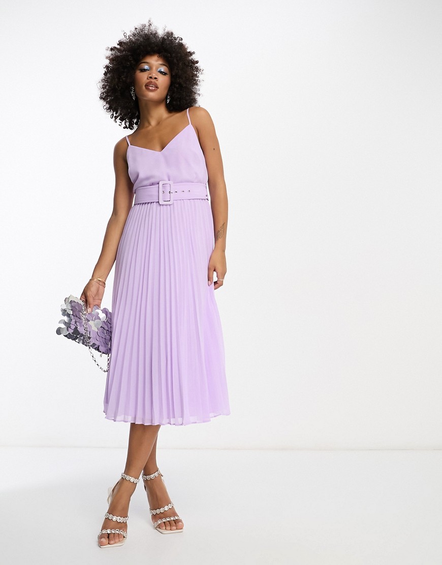 ASOS DESIGN pleated cami midi dress with self-covered belt in Lilac-Purple