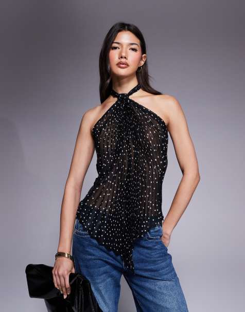 ASOS DESIGN pleated chiffon halter top in polka dot - view 1