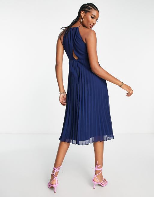 ASOS DESIGN pleated chiffon midi dress with halter neck in navy ASOS