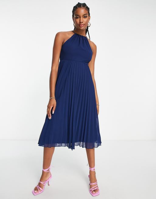 ASOS DESIGN pleated chiffon midi dress with halter neck in navy