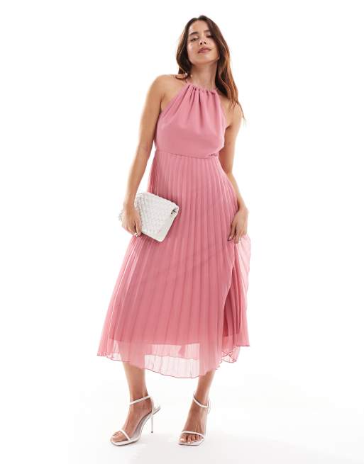 ASOS DESIGN pleated chiffon midi dress with halter neck in pink