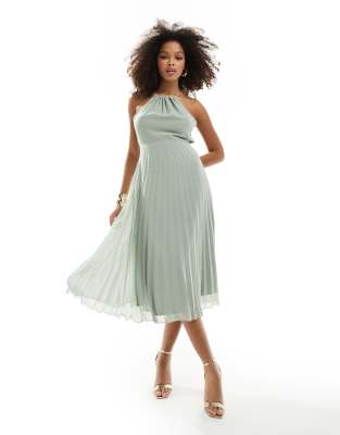 Asos Design Pleated Chiffon Midi Dress With Halter Neck In Sage Green