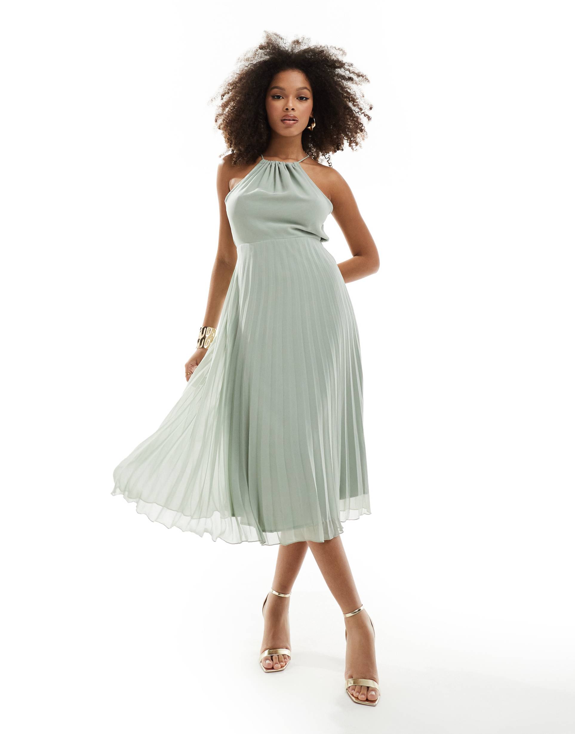 asos design pleated chiffon midi dress with halter neck in sage green