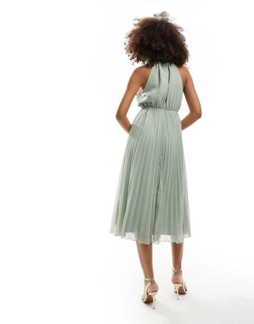 ASOS DESIGN pleated chiffon midi dress with halter neck in sage green ASOS