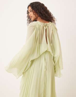 Asos Design Pleated Chiffon Twist Front Maxi Dress In Green