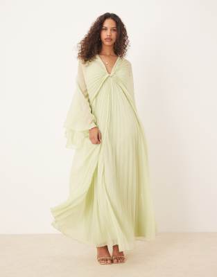 Shop Asos Design Pleated Chiffon Twist Front Maxi Dress In Green