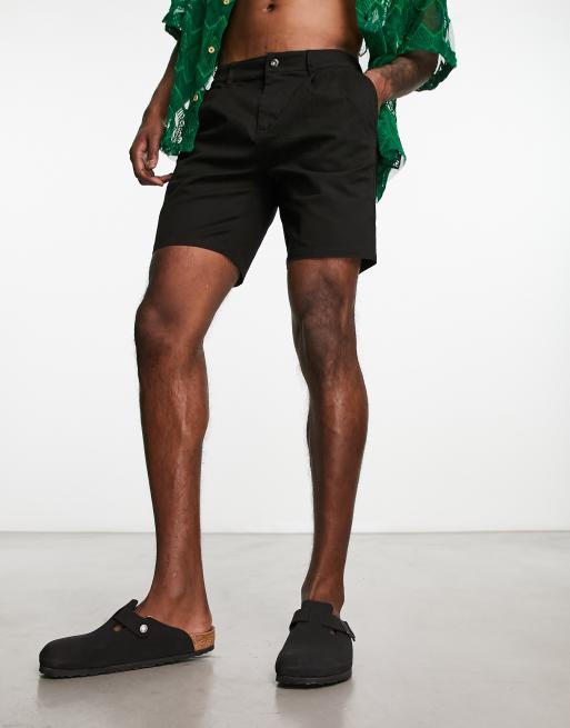 ASOS DESIGN pleated chino shorts in mid length in black