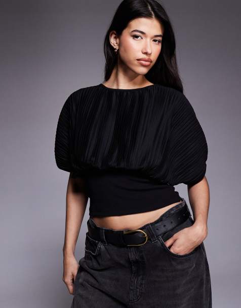 ASOS DESIGN pleated cinched waist top in black