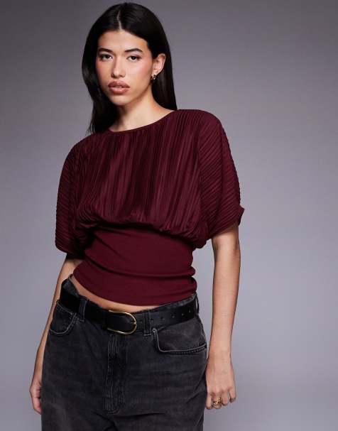 ASOS DESIGN pleated cinched waist top in burgundy