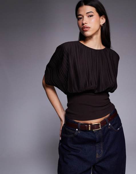 ASOS DESIGN pleated cinched waist top in chocolate - view 1