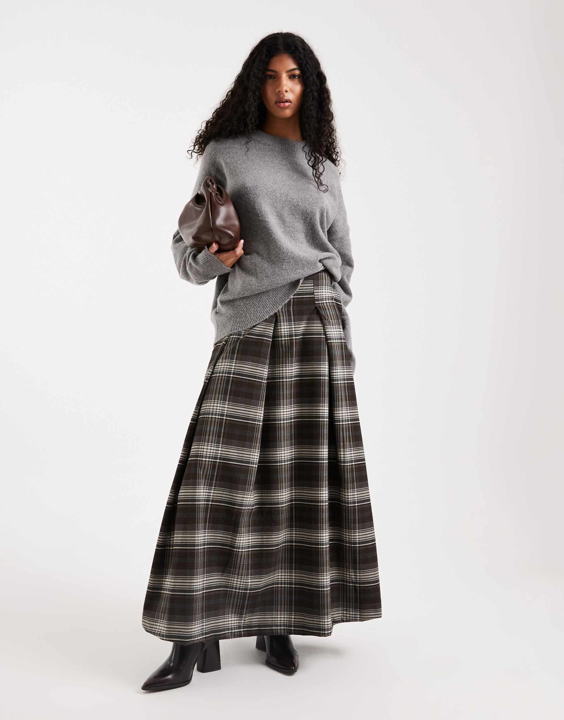 asos design pleated circle maxi skirt in plaid