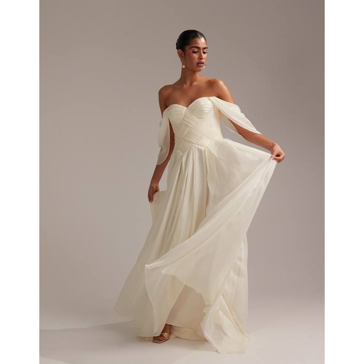 ASOS DESIGN pleated corset maxi wedding dress with draped sleeves in ivory  | ASOS