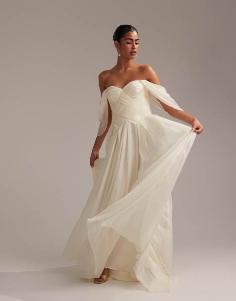 ASOS DESIGN pleated corset maxi wedding dress with draped sleeves in ivory