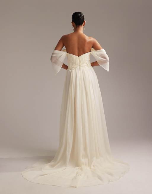 ASOS DESIGN pleated corset maxi wedding dress with draped sleeves in ivory  | ASOS