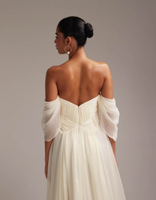 ASOS DESIGN pleated corset maxi wedding dress with draped sleeves in ivory  | ASOS
