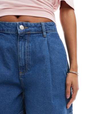 Asos Design Pleated Denim Dad Shorts In Blue