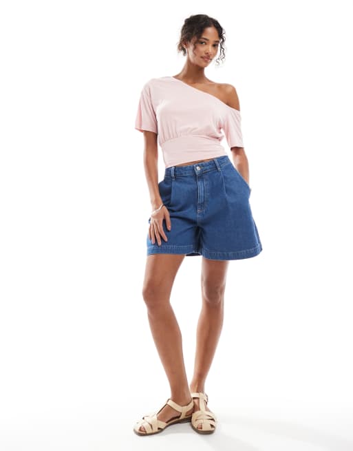 ASOS DESIGN pleated denim dad shorts in mid wash | ASOS