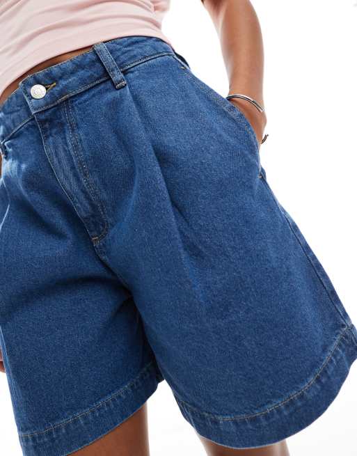 ASOS DESIGN pleated denim dad shorts in mid wash | ASOS