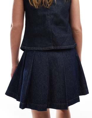 Asos Design Pleated Denim Micro Mini Skirt In Navy