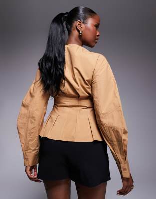 asos design pleated details long sleeve structured shirt in mocha